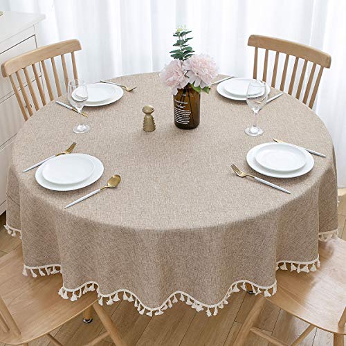 U-Kime Round Tablecloth Solid Color Cotton Linen Texture Stitching Tassel Lace Table Cover, Machine Washable, Dia 70In/180Cm, Brown #TOP28
