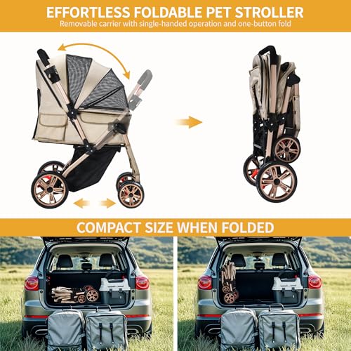 DWVO Hundebuggy 3 in1 Hundebox Transporttasche, Faltbar klappbar Katzenwagen Bis 22kg, 360° Verschleißfeste EVA-Räder, Ablagekorb, Netzfenstern, 58,5x76x105cm, hundewagen für hunde (Beige)