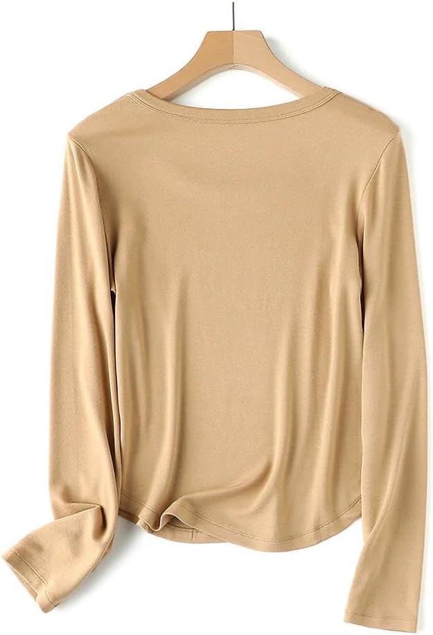 Women's Wool Blend Crop Top O-Neck Long Sleeve Slim Fit Thermal Tee