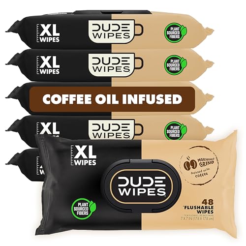 Image of DUDE Wipes Morning Grind Flushable Wipes - Coffee Scented Extra-Large Adult Wet Wipes - 6 Pack (288 Count) - Infused with Coffee Oil, Vitamin E, and Aloe - Septic and Sewer Safe