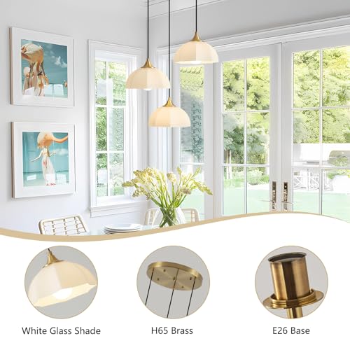 Image of 3 Lihgt Minimalist Style Ceiling Hanging Lamp 7.8 inch White Dome Glass Lampshade Brass Finish Ceiling Light Nordic Retro Pendant Light for Kitchen Island Bedroom Bedside