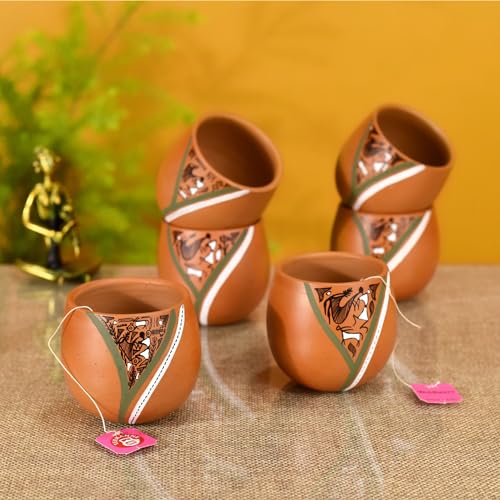 Image of AAKRITI ART CREATIONS Knosh-K Earthen Kullads with Tribal Motifs Set of 6 | kullad Set | Multipurpose Utility Cups | Warli Art Terracotta kullads | Matte Finish, Terracotta Cup
