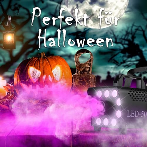 Nebelmaschine Mini, 500W Nebelmaschine, Smoke Machine mit RGB Effekt, 13 Farben 10 LED Licht Fog Rauchmaschine, mit 2 Kabelloser & 1 Kabelgebundener Fernbedienung, für Halloween Weihnachten DJ Party