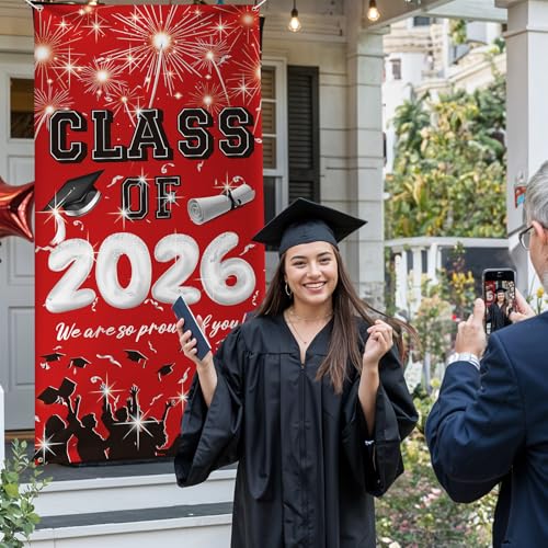 Image of Graduation Banner, Graduation Decoration, 2026 Red and Black Congrat Grad Door Banner, Class of 2026 Grad Sign Backdrop for Indoor Outdoor Yard for University High School Commencement Party 90*185cm