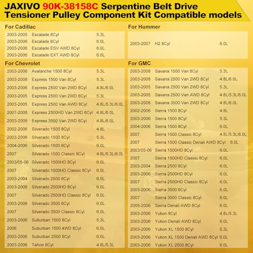 Image of 90K-38158C Serpentine Belt Drive Tensioner Pulley Component Kit for 03-06 Suburban Silverado Savana Yukon XL Sierra 1500 2500 3500 Tahoe Escalade ESV EXT,for 03-07 Hummer H2