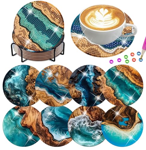 Lophomie 8 Pcs Diamond Art Coasters Kits for Adults with Holder Cork Pads, Ocean Diamond Painting Coasters, Diamond Dots Coaster Art Crafts Kit DIY Non-Slip for Home Office Decor 4x4in
