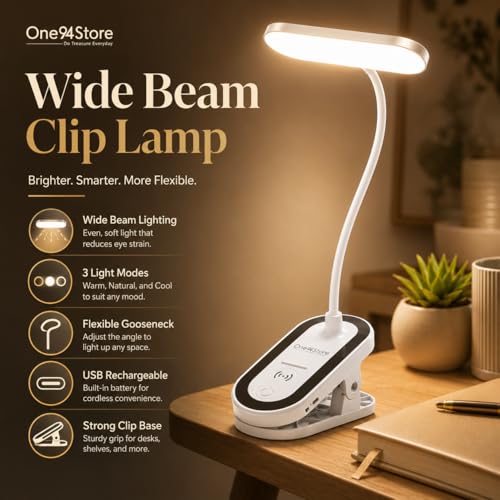 Image of One94Store FlexiBeam Design Rechargeable LED Clip Lamp | Wide Beam Flexible Desk & Bedside Light | USB Powered Study & Reading Lamp with Clamp Base | White