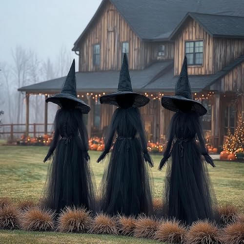 Hourleey Halloween Decorations Outdoor, 3 Pack 5 FT Holding Hands Lighted Witches Stakes with Glowing Face の商品画像 6