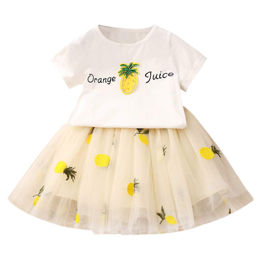 Lonshell Toddler Kids Baby Girls Outfits Clothes T-Shirt+Pineapple Embroidery Skirt Outfits Clothes Sets 2pcs Costume Bodysuit Baby Grow Baby Romper for 0-3 Years