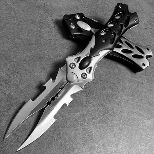 MADSABRE 8.5" Cool Double Blade Pocket Knife, Camping Folding Knife with Clip and Aluminum Handle, Hunting Survival EDC Hiking Tools, Gifts for Men