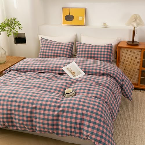 Image of ECOCOTT Duvet Cover Oversized King Size, 100% Washed Cotton Linen-Like Soft & Breathable, Durable Comfy Bedding Set for All Seasons, Purple Pink Plaid