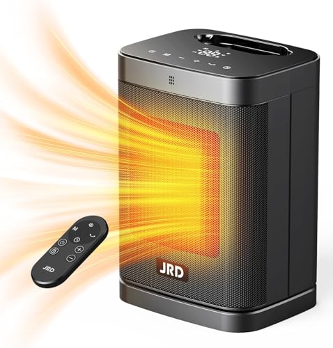 JRD 10inch PTC Space Heater with 80°Oscillation, Thermostat, 12h Timer, Fast Heat, Eco Mode, Remote, 1500W Small Quiet Safe Room Electric Heater, Portable Desk Heat for Office Bedroom
