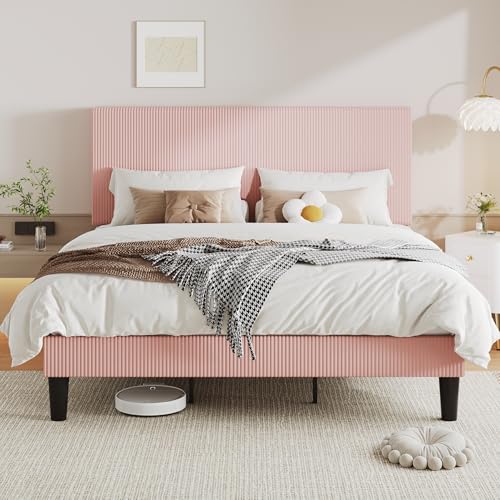 Image of Allewie King Bed Frame, Corduroy Tufted Headboard, Light Pink | Soft Corduroy Fabric, Adjustable Headboard, 1000 lb Capacity, Wooden Slats, No Box Spring Needed, Easy Assembly