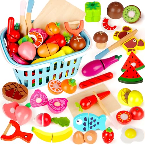 BunnyJOY Frutas y Verduras Juguete 26 Piezas Accesorios de Juguete de Cocina de Madera, Cortar Juguetes de Alimentos Juegos Culinarios Juguetes Educativos para Niños 3 4 5 6 Niños y Niñas
