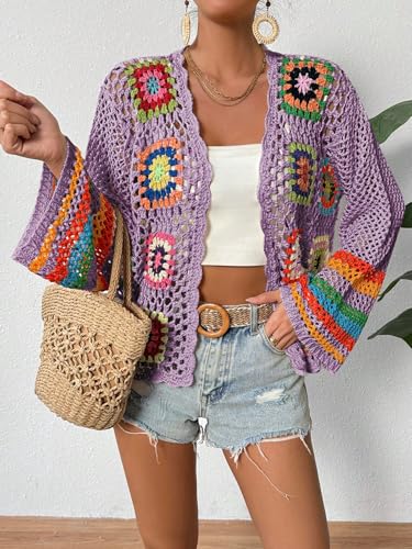 Image of SHENHE Women's Floral Crochet Cardigan Hollow Out Open Front Long Sleeve Cardigan Sweater