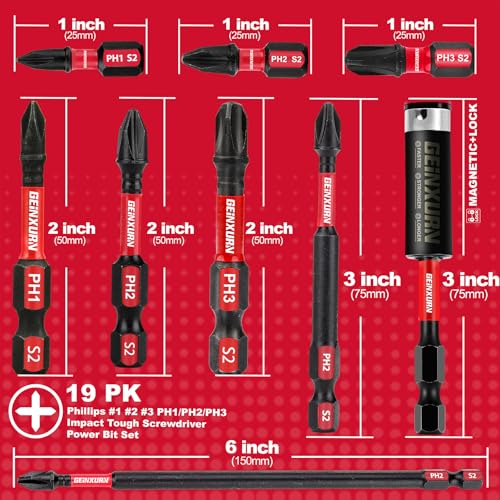 GEINXURN Impact Tough Phillips Bits PH1/PH2/PH3 Insert Driver Bits,19Pack Bulk Phillips Screwdriver Bits Set with 1Pcs Impact Bit Holder