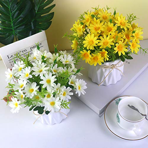 Uikkot Artificial Daisy Bouquet With Small Ceramic Vase Fake Silk Daisies Flowers Fake Plant Bonsai Decoration For Home Office Table Centerpieces Arrangement Wedding (Daisy Yellow) #TOP5