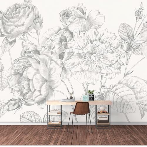 Black White Large Floral Self-Adhesive Wall Mural Peel and Stick