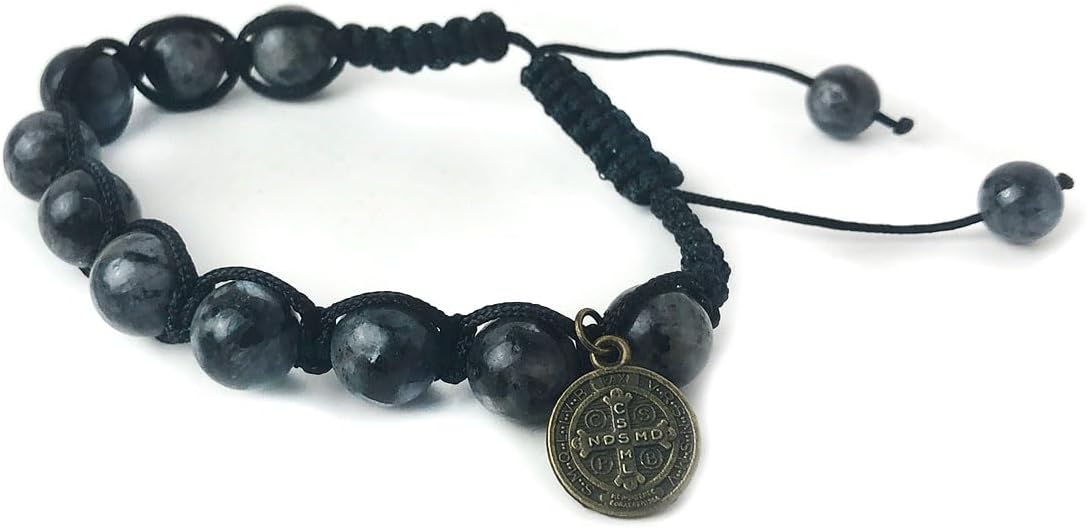 Catholic Heirlooms St. Benedict Black Labradorite 8mm Stone Cord Rosary with 10mm Bracelet Set - Image 5