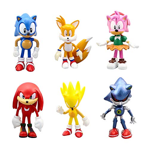 DOYIFun 6 Pcs Sonic The Hedgehog Action Figures Collection Playset Toys Cake Toppers with Classic Sonic, Amy, Super Sonic, Tails, Metal Sonic, and Knuckles
