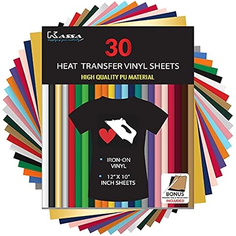 Kassa 30-Piece Heat Transfer Vinyl Sheets | 23 Colors in 12" x 10", Teflon Sheet & Weeding Tool Included | Compatible with All Cutting Machines | Ideal for Pressing on T-Shirts, Clothing & Textiles Cover