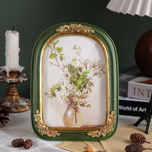 Vintage 4x6 Picture Frame, Green and Gold Arch Frames, Ornate Floral Resin Photo Frame with Glass Front for Tabletop or Wall Display, Antique Decorative Frame for Home Decor or Gift