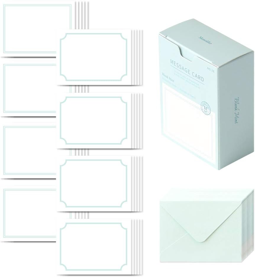 Monolike Message Blank mint Card - Mix 40 Mini Single cards, 20 envelopes Package