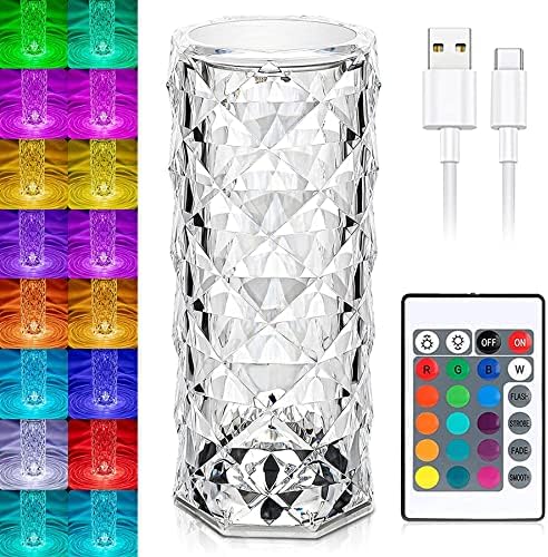 Whiteleopard Crystal Lamp, LED Rose Diamond 16 Color Changing RGB Night Light with USB Touch Lamp & Remote Control Rechargeable Table Lamps