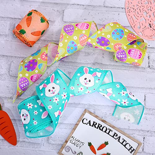 Whaline 6 Rolls Easter Wired Edge Ribbon 30 Yards Bunny Egg Rabbit Carrot Truck Gnome Fabric Ribbon Spring Decorative Wrapping Ribbons for Hair Bow Wreath Sewing DIY Crafts by Whaline - Image 5