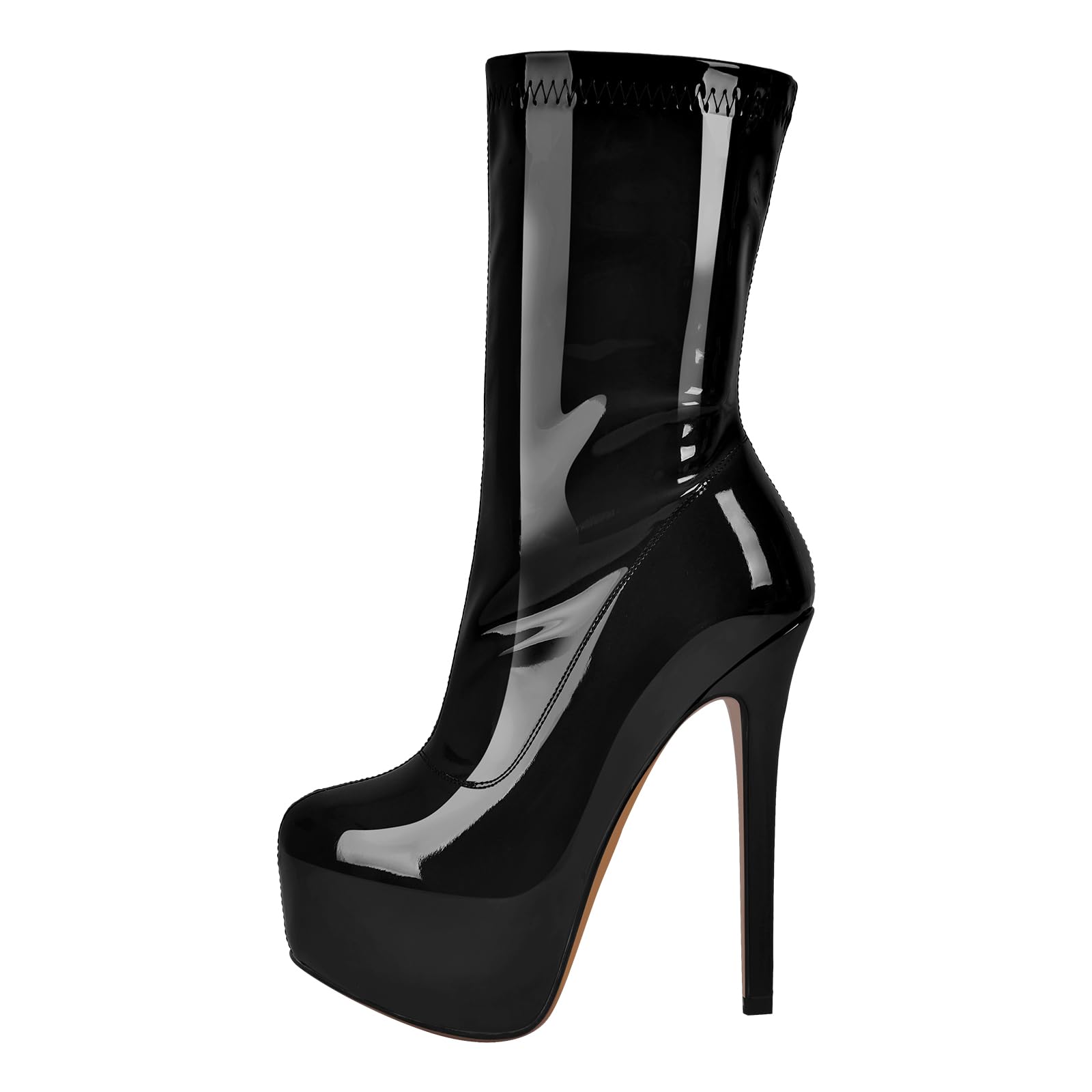 MissHeel Botas de caña corta de plataforma Tacones de aguja Tacones altos Botines elásticos Lacado