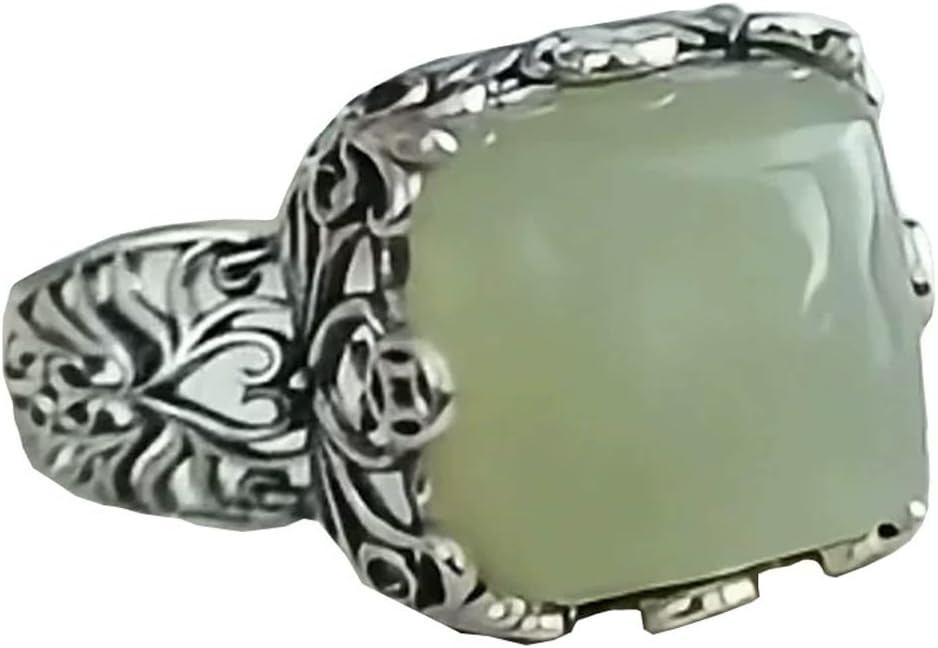 Women's Synthetic Green Gemstone Ring - Silver Plated Adjustable Band with Retro Chinese Style Leaf Vine Design Fashion Jewelry Accessory