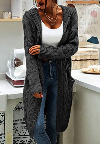 Image of Women Hooded Open Front Cardigan Cable Knit Chunky Long Sweater Coats