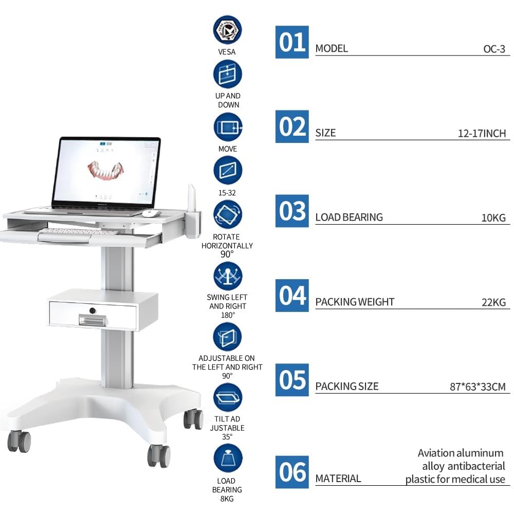 Carrello medico for laptop con supporto for scanner orale, altezza regolabile for clinica odontoiatrica, ospedale, bellezza