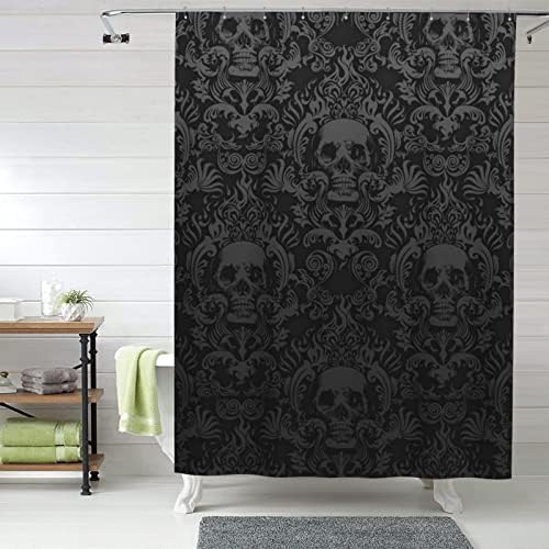 showmedesign Vintage Halloween Black Victorian Gothic Skull Damask Shower Curtain Sets with Hooks 60X72 Inches Waterproof Bathroom Curtain Home Decor