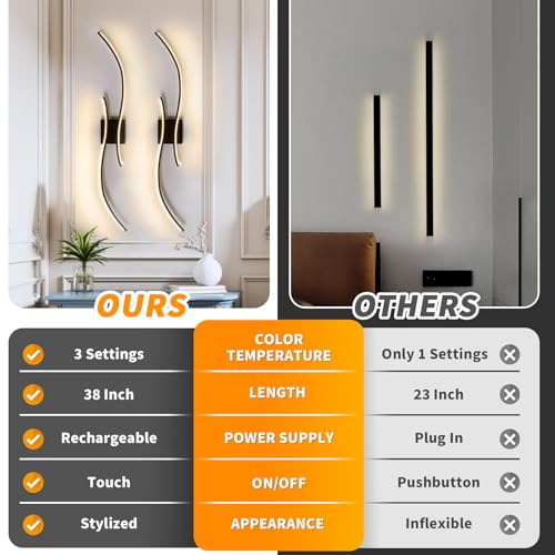 Image of Aikertec Battery Operated Wall Sconces Set of 2, 38 Inch,Quick Installation | Dimmable 3000K-6500K, with Remote Control, Modern LED Wireless Lights for Living Room, Bedroom, Hallway, Bathroom
