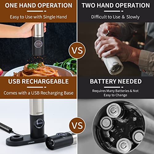 Caisimiki Electric Salt And Pepper Grinder Set- Stainless Steel, Dual Charging Base, Rechargeable Kitchen Gadgets, Led Lights, Adjustable Coarseness Automatic Mill, One Hand Operation, 2 Pack #TOP5
