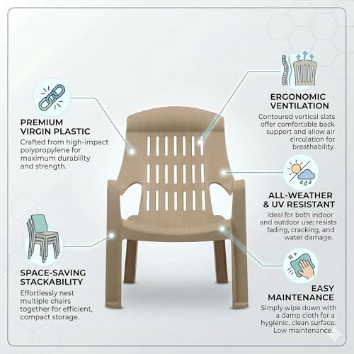 Image of Oaknest Supreme Comfy Relaxing Chair - Ergonomic High-Back Plastic Armchair for Home, Garden, Balcony & Patio | Heavy-Duty, Weather-Resistant & Easy to Clean | Dark Beige | Set of 2