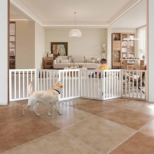 Image of Belief Foldable Wooden Pet Gate for Dogs & Cats - Indoor Safety Barrier for Doorways, Hallways & Stairs | Free-Standing, Portable White Dog Fence - 3 Panel, 60 cm Height (【6 Panels 】 120''W x 24''H)