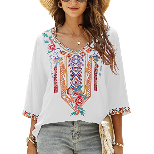 Seasonal Blusas mexicanas bordadas bohemias para mujer, camisas bohemias de verano para mujer, estilo hippie, campesino, manga 3/4, cuello en V, blusas tipo túnica, Blanco-328, XXXL
