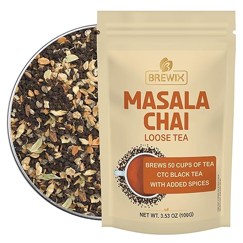 BREWIX, Masala Chai Tea Loose Leaf CTC TEA (50+ Cups, 3.53oz/100g) Strong Robust & Aromatic, All Natural | Blended with Exotic Spices & CTC Black Tea | Ginger, Cinnamon, Cardamom, Clove & Black Pepper | Chai Tea Latte | Clove Tea | Chai Latte