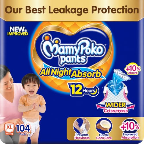 Mamypoko pants All night absorb| Pant Style Baby Diapers X- Large Size(XL), 104 Count (52*2), Ideal for 12-17Kgs|1 Diaper= Upto All night Absorption|W