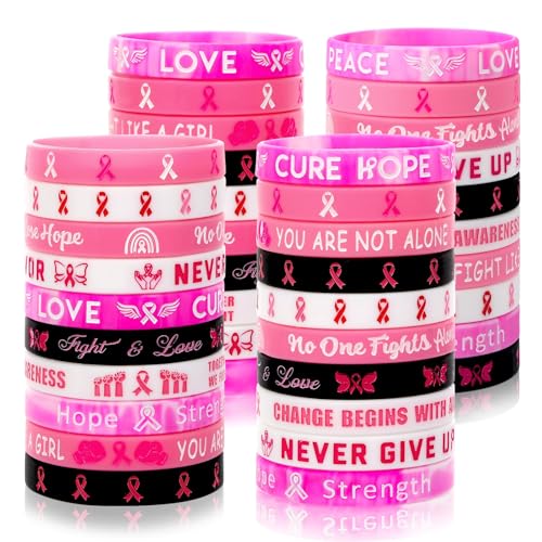 JUNEBRUSHS 120pcs Breast Cancer Awareness Silicone Bracelets Pink Ribbon Hope Faith Strength Courage Accessories Wristbands for Women Breast Gifts Party Supplies Favors