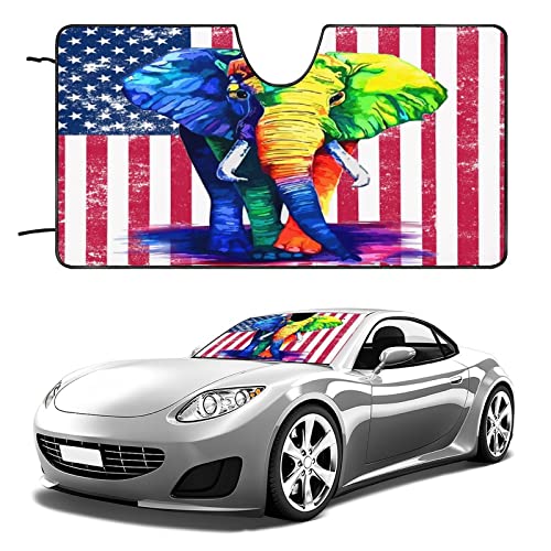 Colorful Elephant Car Windshield Sun Shade Watercolor Bohemian Rainbow Colors Elephant American Flag Print for Most Cars 55L x 30W Inch