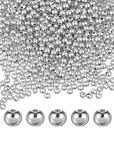 JIPUKE 1000 Pcs Silver Spacer Beads, 4mm Small Silver Spacer Smooth Round Beads Mini Round Jewelry Bead with Hole for Bracelet Necklace DIY Crafts Chain Jewelry Making Supplies