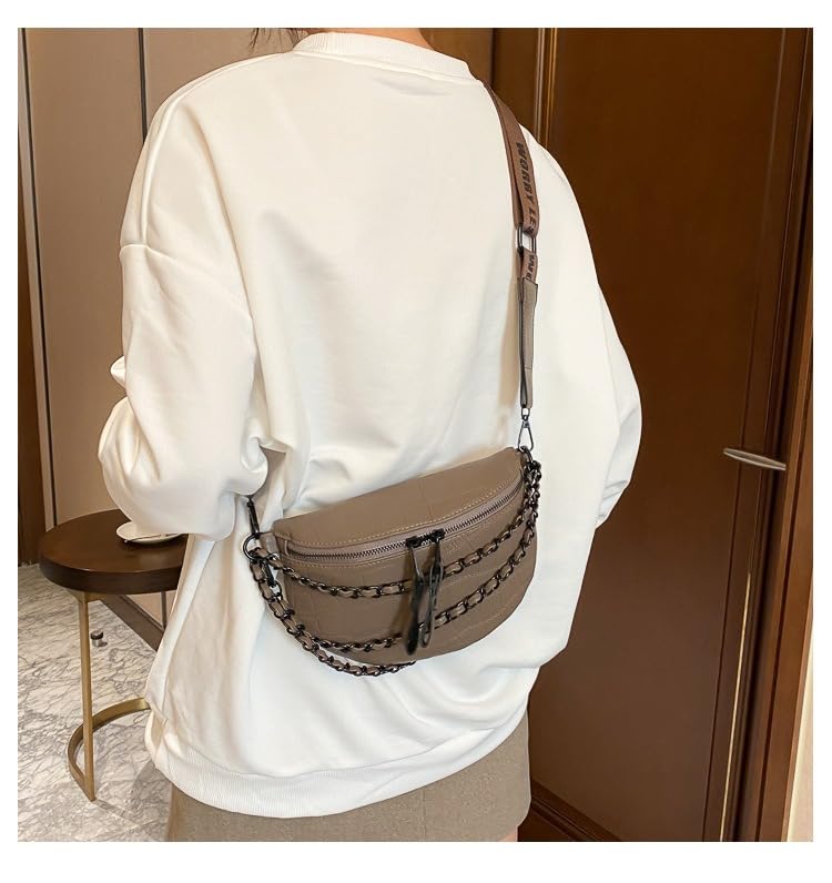 Image of Leather Fanny Pack Bag for Women, Chain Belt Bag Chest Purse Fashionable Crossbody Waist Bags Handbag for Everyday Use Trip Walking Hiking