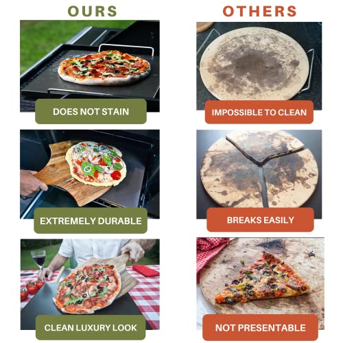 Black Pizza Stone For Oven And Grill With Wood Pizza Peel & Pizza Cutter - Cordierite Baking Stone Ceramic Coated Stainless And Non-Stick - Detachable Serving Handles - 15 Inch X 12 Inch Large #TOP1