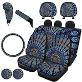 XYZCANDO Indian Hippie Mandala Car Seat Covers Full Set for Women,Psychedelic Bohemian Peacock Steering Wheel Cover,Gear Shift Knob Cover Handbrake Cover,Seat Belt Cover,Seat Headrest Covers