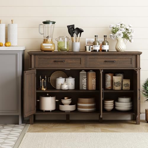 Image of ONBRILL 55 Inch Buffet Cabinet with Storage, Farmhouse Sideboard Buffet w /2 Drawers and 3 Doors, Wood Coffee Bar Cabinet with Adjustable Shelves, Sideboard Storage for Kitchen, Living Room, Brown
