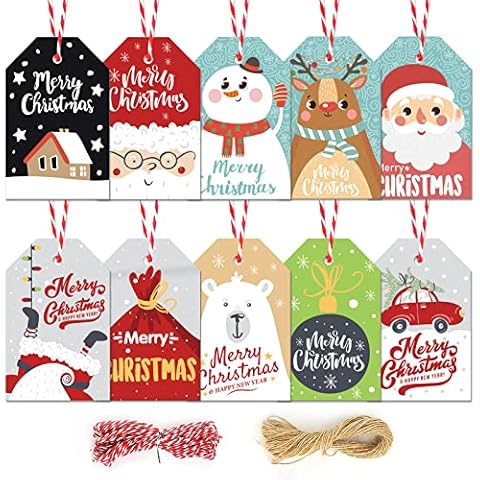 Koogel 100 PCS Christmas Gift Tags, 10 Different Pattern Designs Personalized Gift Tags with 30M Red and Green String for Christmas Present Tags, Christmas Party and Christmas Tree Decoration Cover