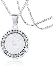 Asma Jewel House Stainless Steel Circle of Crystal Our Father Lord's Prayer English Bible Verse Necklace, Praying Hands Coin Pendant Christian Jewelry For Men Women
